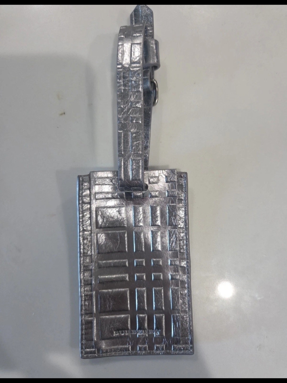 Burberry Metallic Silver Plaid Luggage Tag